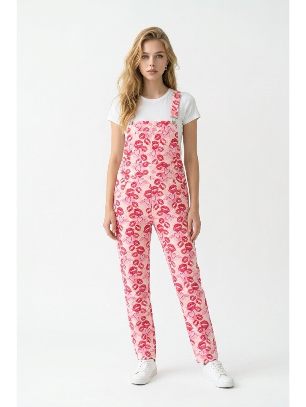 New Womens XXL White Red & Pink Lips Love Kiss Denim Cotton Overalls